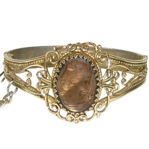 Vintage Whiting & Davis Gold Tone Glass Cameo Hinged Bracelet